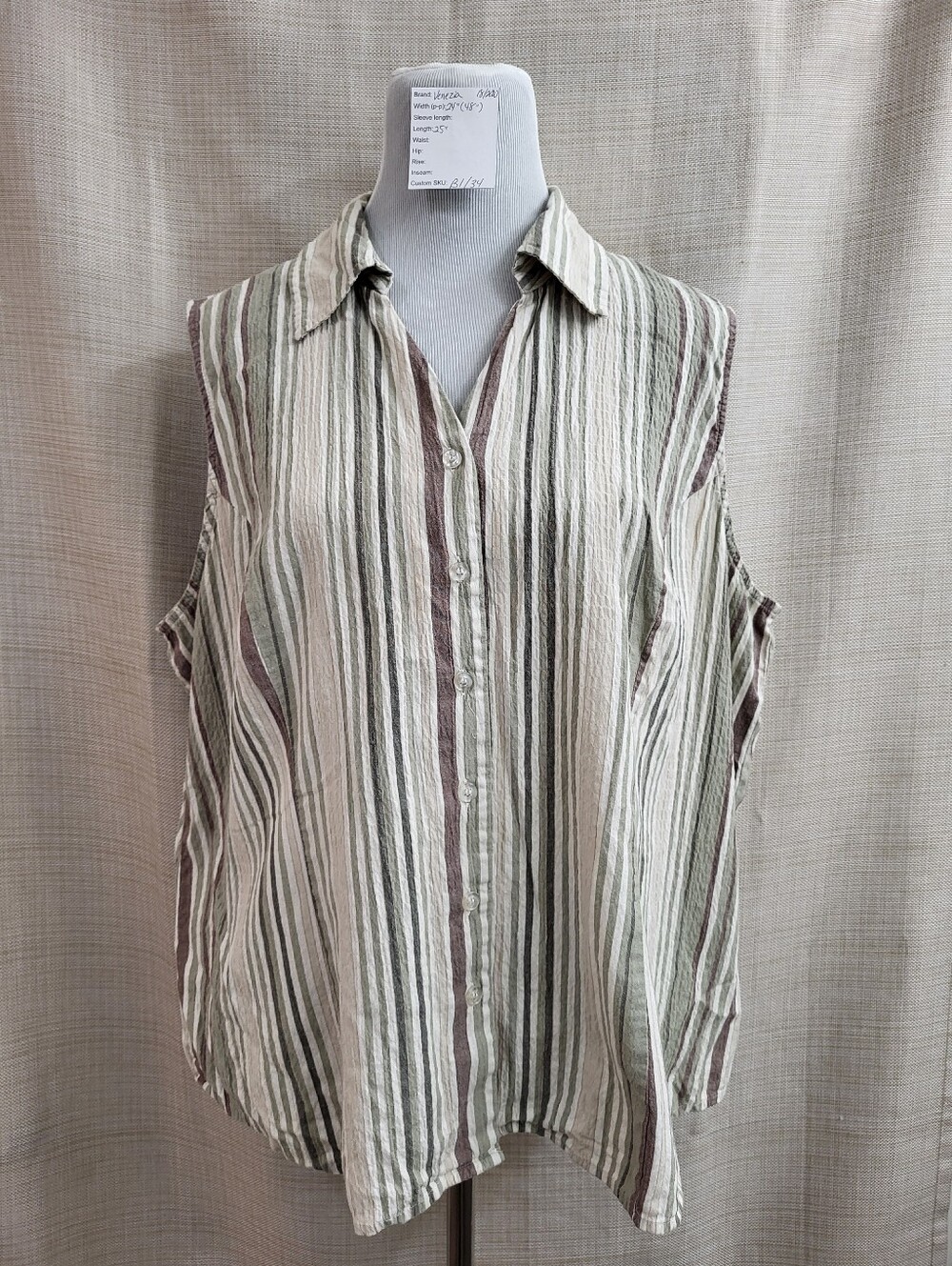 Venezia Women's Green Tan Striped Collared Button Up Sleeveless Top Size 18/20W